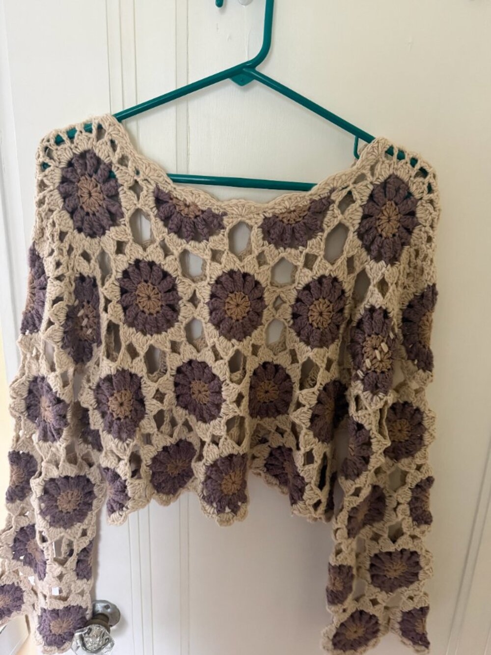 Storia Crochet Granny Square Sweater Beige Purple Floral Boho Knit Top